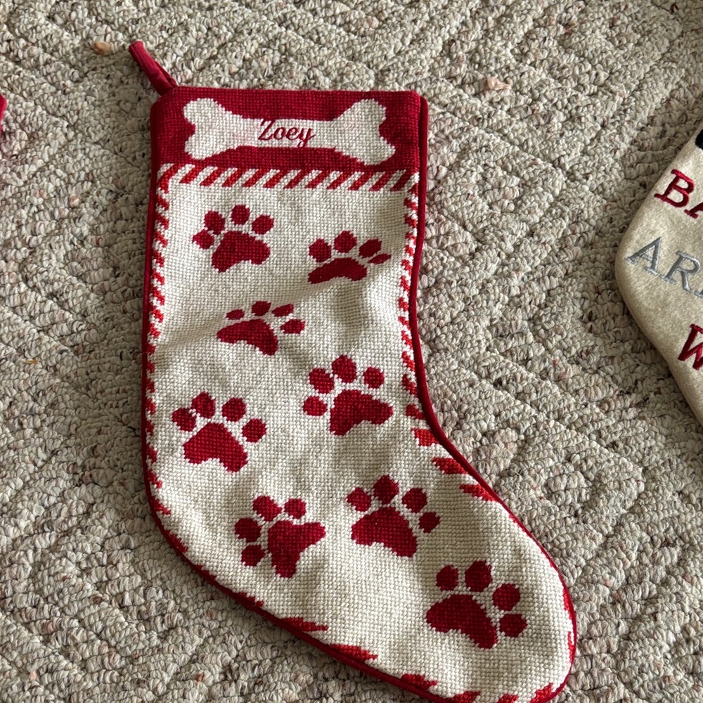 Red and Cream Dog Paw Christmas Stocking
